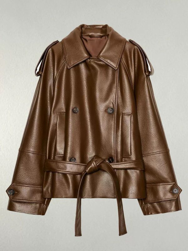 Brown Faux Leather Jacket with belt