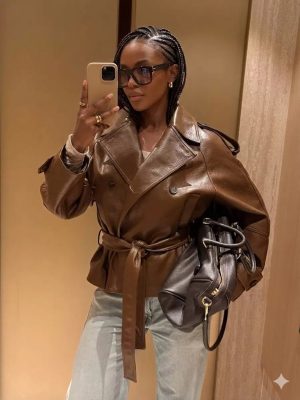Brown Faux Leather Jacket with belt